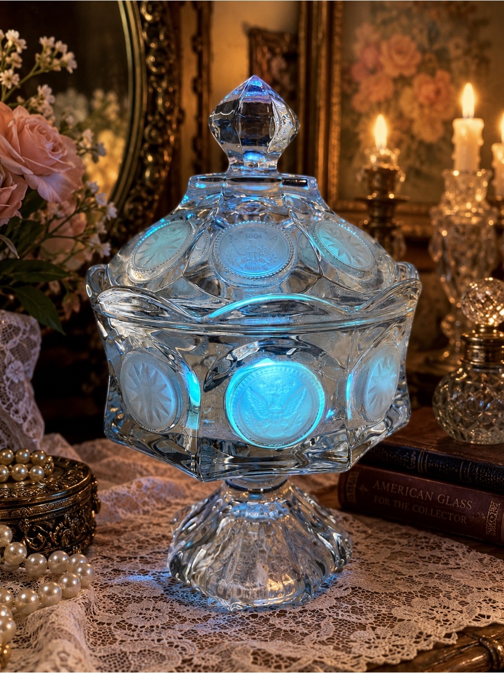 Fostoria American Coin Pedestal Candy Dish Fairy Lamp Clear Glass